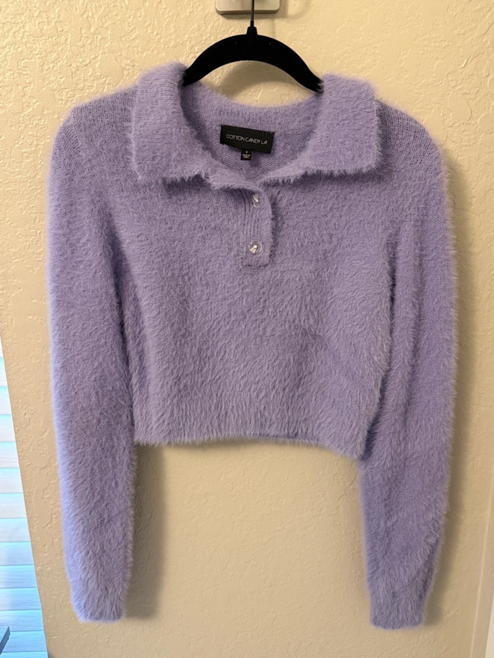 Cotton Candy Lavender Cropped Fuzzy Polo Sweater